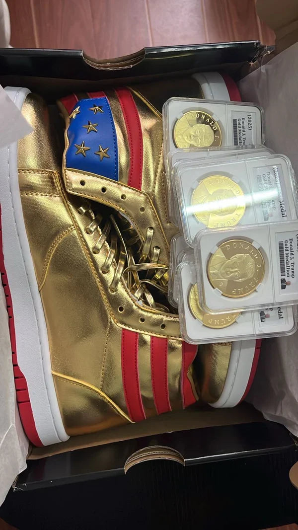 Trump High Top Sneakers + 10 x 2025 Gold Trump Coins - Golden 47 President Bundle
